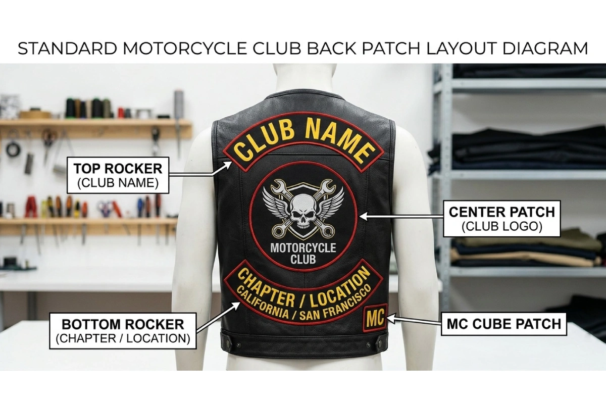 Diagram showing motorcycle club vest back patch layout with top and bottom rockers