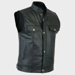 Front view of black leather biker vest showing zipper, snap-flap, and chest pockets