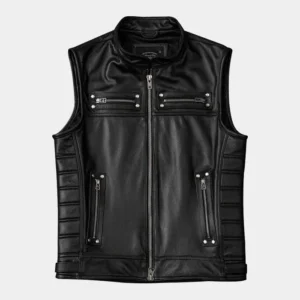 Front view of black leather motorcycle vest with zip chest pockets, waist zippers, and hidden snap placket
