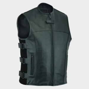 Front view of tactical black leather biker vest with zippered waist pockets and side strap buckles