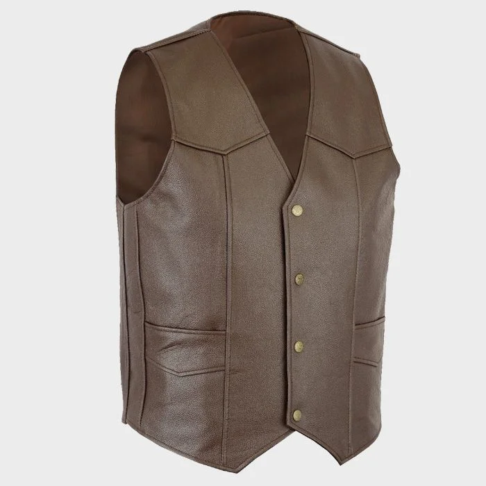 Front view of distressed brown vintage biker leather vest with snap buttons and waist pockets
