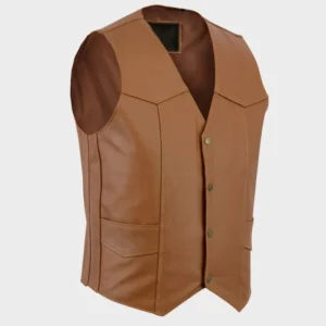 Front view of tan brown vintage motorcycle leather vest with snap-button closure and front pockets