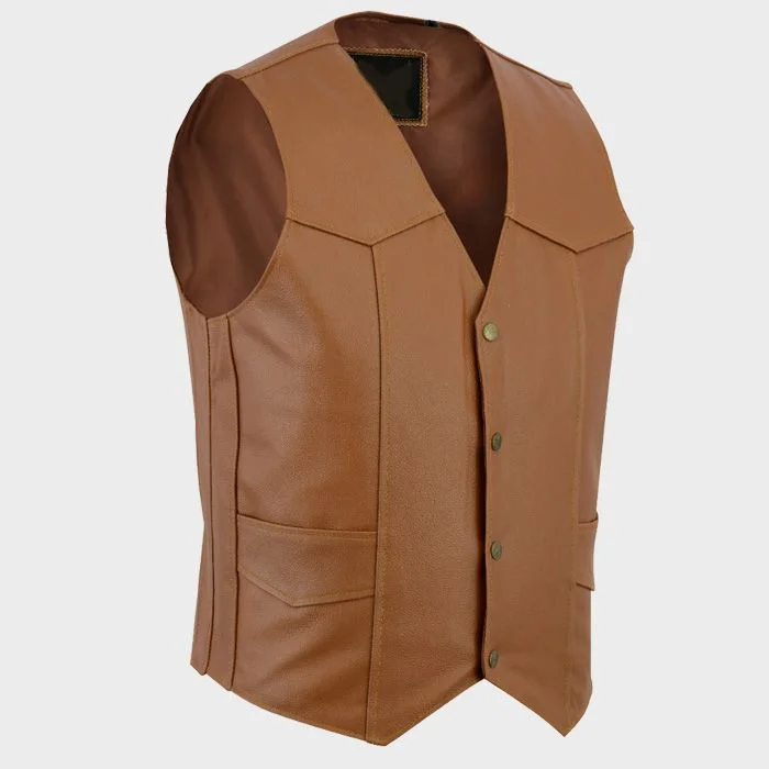 Front view of tan brown vintage motorcycle leather vest with snap-button closure and front pockets