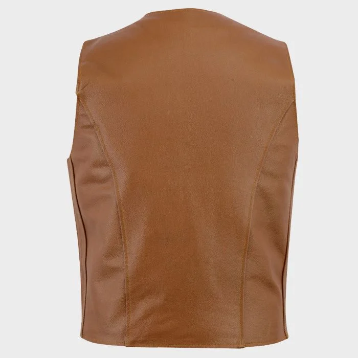 Back view of tan brown vintage motorcycle leather vest showing smooth panel ideal for patches