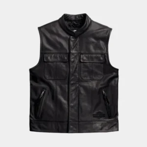 Front view of Harley Foster leather vest with snap front and zip pockets