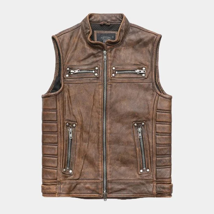Front view of vintage brown motorcycle leather vest with zip pockets and quilted side panels