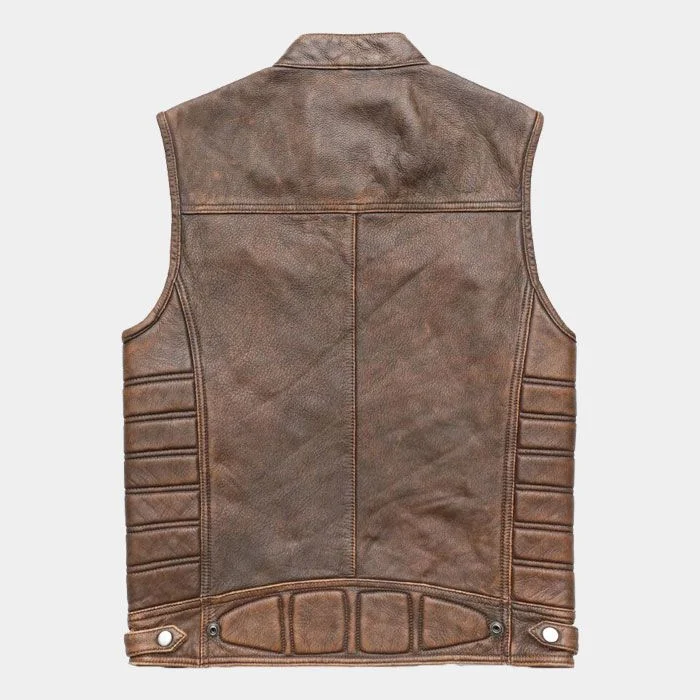 Back view of vintage brown motorcycle leather vest showing blank smooth panel