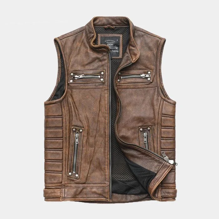 Front view of vintage brown motorcycle leather vest with zip pockets and quilted side panels