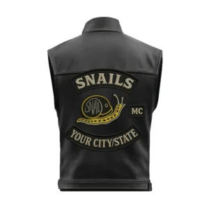 back of custom black leather biker vest showing plain panel for text or patch