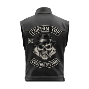 Back of biker vest with cigar-skull center emblem and custom top/bottom rockers for club name and city/state