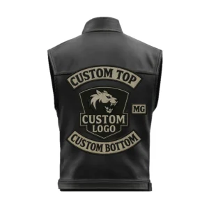 Back of biker vest with lion-crest center patch area, MG tab, and custom top/bottom rockers for club name and city/state