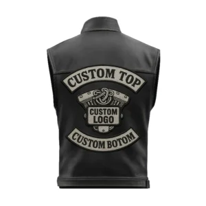 Back of biker vest with V-Twin engine center emblem and custom top/bottom rockers for club name and city/state