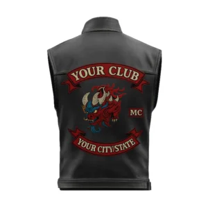 Back of biker vest with oni demon center emblem and custom top/bottom rockers for club name and city/state
