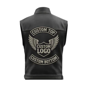 back of custom black leather biker vest showing blank panel ideal for text or patch