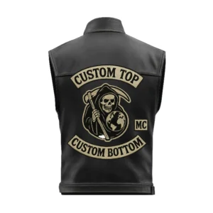 back of custom leather biker vest showing custom emblem patch area