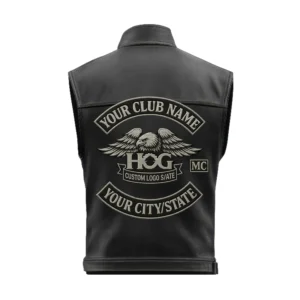Back of biker vest with eagle center patch area and custom top/bottom rockers for club name and city/state