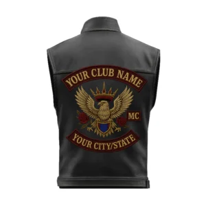 Back of biker vest with royal eagle center emblem and custom top/bottom rockers for club name and city/state