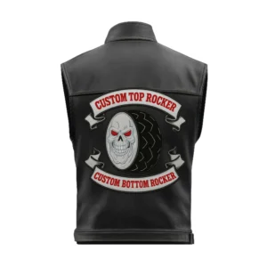 Back of biker vest with skull-and-tire center emblem and custom top/bottom rockers for club name and city/state
