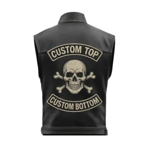 Back of biker vest with skull-and-crossbones center emblem and custom top/bottom rockers for club name and city/state