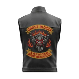 Ghost Riders leather biker vest back view with flame-skull embroidered patch