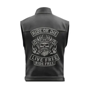 Back Panel of Men's Biker Vest showing Large Embroidered Ride or Die Skull Patch