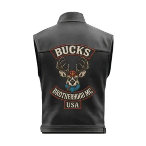 Single Back Panel of Bucks Brotherhood MC Leather Vest with Deer Head Patch and Red/Blue Rockers
