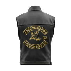 Back of Road Warrior MC Vest showing Gold Embroidered Freedom Forever Rocker Patch and Warrior Horse Emblem