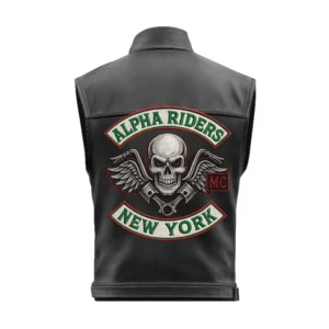 Back view of Alpha Riders biker vest with large skull and winged engine embroidered patch.