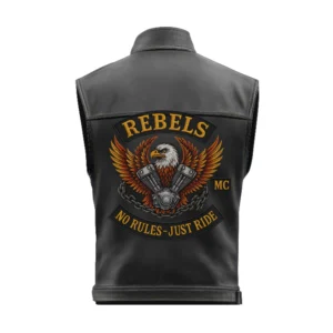 Rebels MC leather biker vest back view with embroidered eagle engine patch