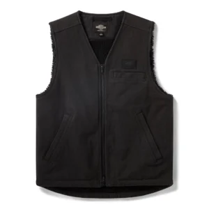 Front view of Harley-Davidson black sherpa-lined canvas motorcycle vest with zip front