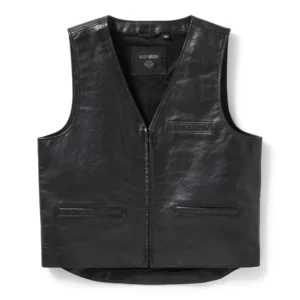 Front view of Harley-Davidson black leather look biker vest with zip closure and embossed chest branding.