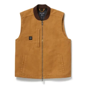 Front view of Harley-Davidson tan canvas work vest with zip closure and embossed branding.