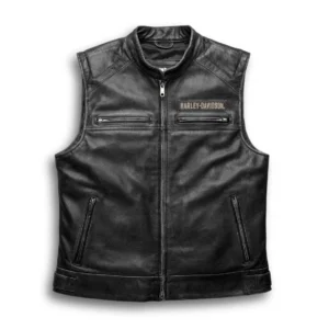 Front view of Harley-Davidson black leather biker vest with zip pockets and classic biker cut
