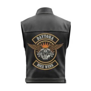 Back view of leather biker vest featuring Daytona sunburst, winged engine patch, and rally-inspired artwork.
