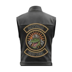 Back view of Daytona Bike Week leather vest featuring sunburst, checkered flags, and embroidered gator artwork.