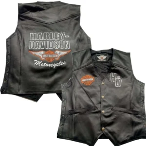 Front view of Harley-Davidson black leather biker vest with embroidered chest logo, snap-front closure, welt pockets, and side lacing.