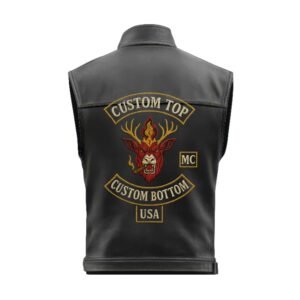 Custom MC biker vest back view with embroidered deer skull patch, rocker patches, and USA motorcycle club design