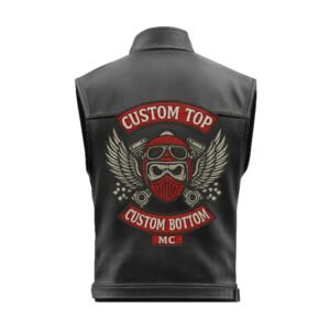 Back view of biker vest with red and silver skull embroidery, top and bottom rockers, and MC side tab