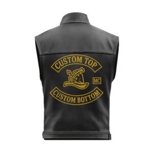 Back view of biker vest with gold embroidered patch, top and bottom rockers, and MC side tab