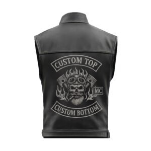 Back view of MC biker vest with silver embroidered skull patch, top and bottom rockers, and side MC tab