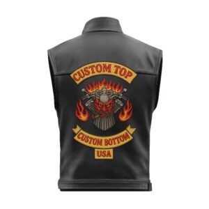 Custom leather biker vest featuring embroidered 3-piece motorcycle club patch set with top rocker, center patch, bottom rocker, and USA tab