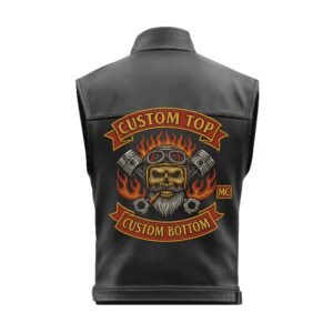 Back view of biker vest with red and gold flaming skull embroidery, top/bottom rockers, and MC tab