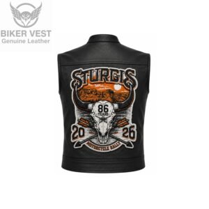 Black leather club-cut vest with bull skull and Mount Rushmore Sturgis rally patch on back