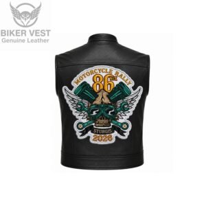 Back view of black leather vest with mechanic skull wrenches Sturgis 86th Motorcycle Rally patch