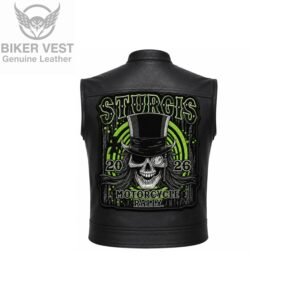 Back view of black leather vest with green top hat skull Sturgis 2026 Motorcycle Rally patch