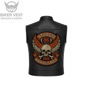 Black genuine leather club-cut biker vest, front view with chest pockets and mandarin collar