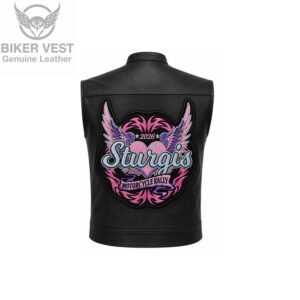 Back view of black leather vest with pink winged heart Sturgis 2026 Motorcycle Rally patch