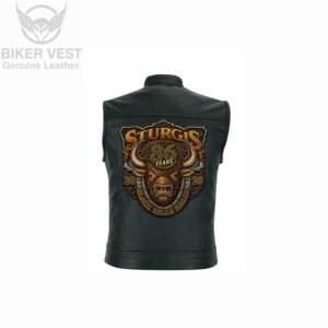 Back view of black leather vest with embroidered Sturgis 86th Anniversary Black Hills Rally 2026 patch