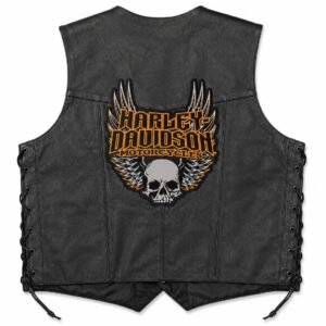 Back view of black leather vest with winged skull Harley-Davidson Motorcycles patch