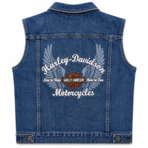 Back view of Harley-Davidson denim vest with Live to Ride Ride to Live eagle wings logo